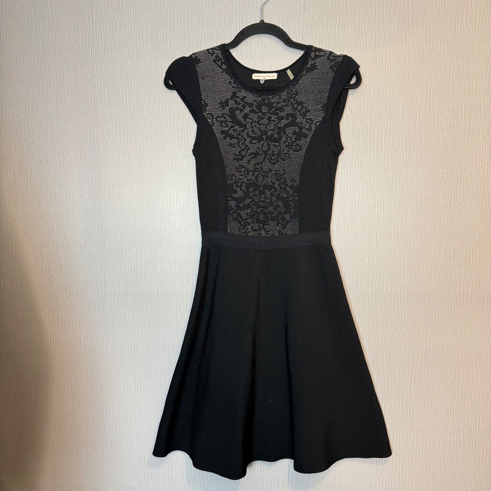 Rebecca Taylor Knit Dress Medium Black Floral Intarsia Viscose Cap Sleeves Sz Xs